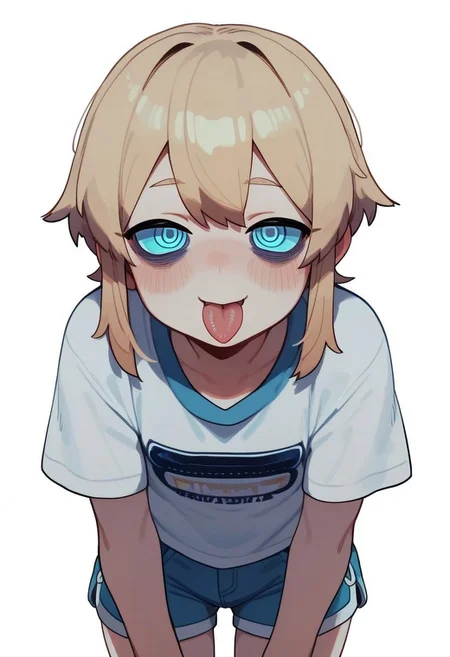 PonyScores7, score_9, score_8_up, score_7_up, Score_6_up, Score_5_up, Score_4_up,  source_anime, hi res, masterpiece, best quality, detailed, amazing quality, detailed background, detailed eyes, clean eyes, best quality, highres, Brittle_PS, 1girl, solo, blush, tongue out, leaning forward, blouse, short shorts, simple background, white background, looking at viewer, detailed