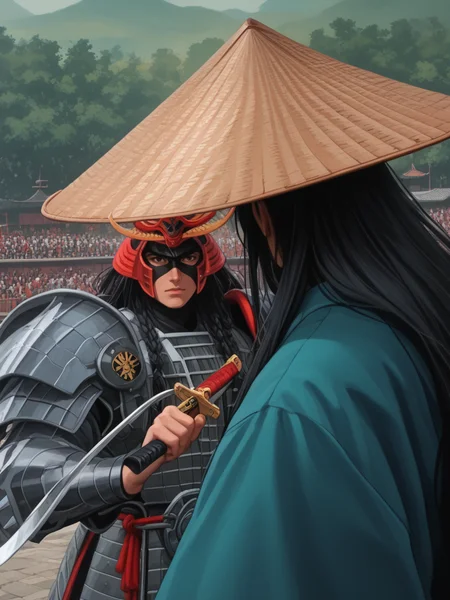 score_9, score_8_up, score_7_up, strawhat, conical hat, 1boy, a heavily armored samurai with shoulder armor and a straw hat, holding a giant katana sword in both hands, ready to fight, asian, long hair, low braid, roninwarriors, samurai mask, (monolid:1.3) <lora:Straw_Hat-000006:1>, <lora:Ronin_Warriors-000008:1>
