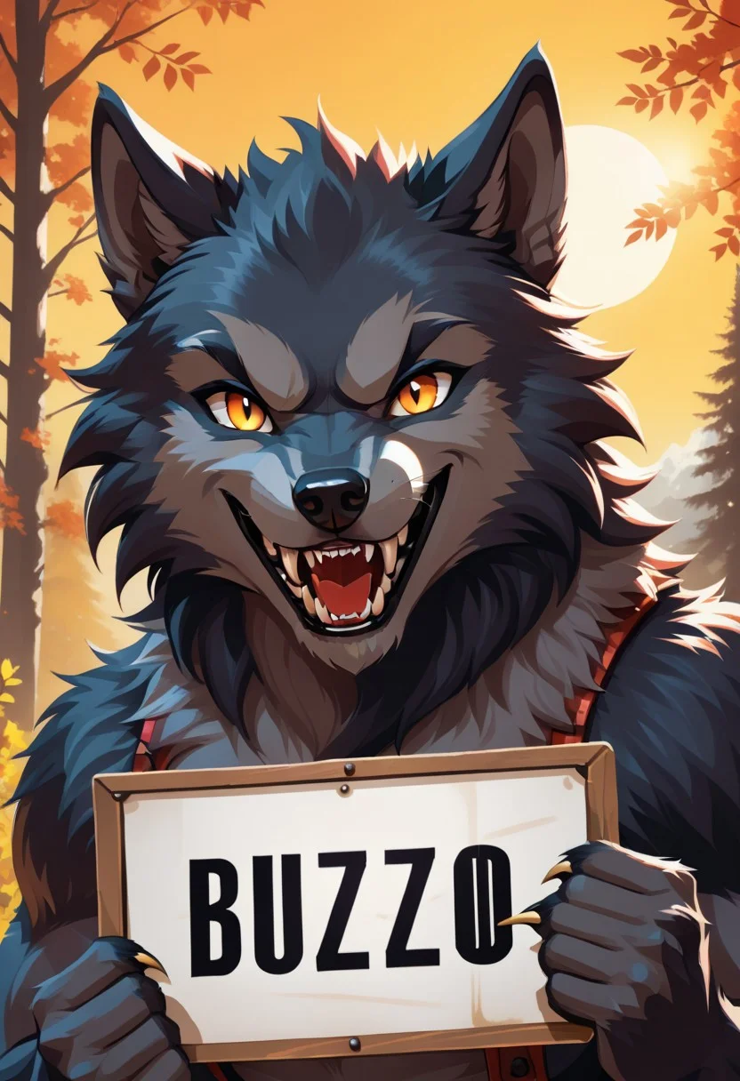 Smiling werewolf, looking at viewer, teeth holding a sign that says "BUZZ or Die”, text, sunny days.