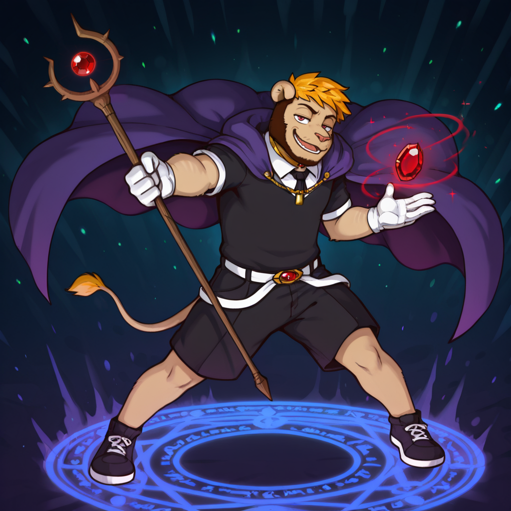 Furry, male, 1boy, lion, lion boy, lion ears, lion tail, tail, blonde hair, light brown fur, short hair, smirk, smug, cape, floating clothes, floating hair, gem, gold choker, holding, holding staff, jewelry, magic, open mouth, purple cape, red gemstone, black shirt, short sleeves, white collared shirt, black necktie, white gloves, black shorts, white belt, sneakers, black footwear, solo, staff, dark theme, abstract background, detailed background, casting spell, magic, magic circle, glowing particles, detailed clothes, game cg, intricate details, front view, looking at viewer, dynamic angle, dynamic pose, pose, dutch angle, detailed eyes, nice eyes, masterpiece, best quality, amazing quality, very aesthetic, highres, absurdres, <lora:Emilio:1>, <lora:add-detail-xl:0.5>, <lora:Expressive_H:0.2>, <lora:spo_sdxl_10ep_4k-data_lora_webui:0.2>, <lora:sdxlVAE_sdxlVAE:0.1>, <lora:noobai_ep11_stabilizer_v0.138_fp16:0.3> , <lora:noobaiXLNAIXL_epsilonPred11Version-lora:0.1>