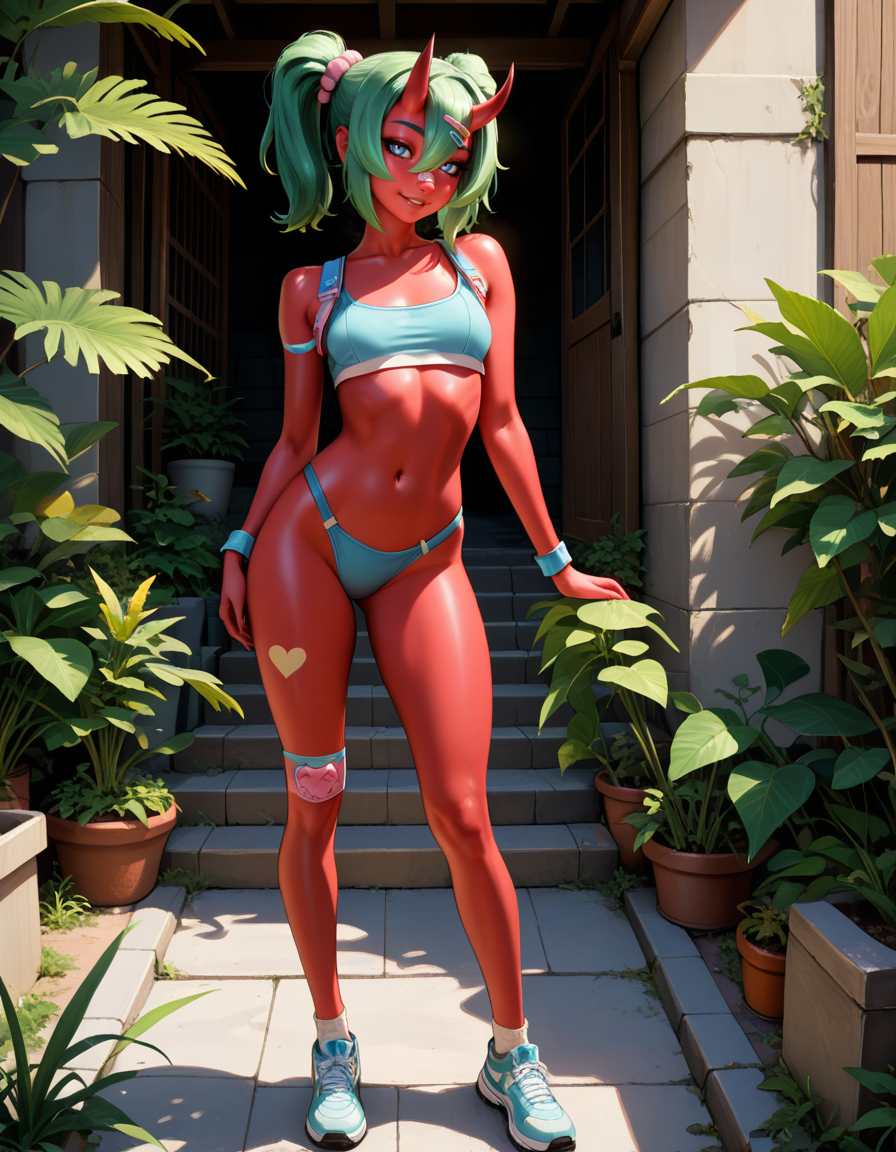 masterpiece, best quality, very aesthetic, absurdres,
outdoors,
full body, standing, posing, 
seductive smile, parted lips, long eyelashes,
 <lora:Nemia_v01_NAIXL:1>,
N4m14,1girl,solo,green hair,oni horns,twintails,hair ornament,hairclip,hair between eyes,blue eyes,bandaid on face,colored skin,red skin,