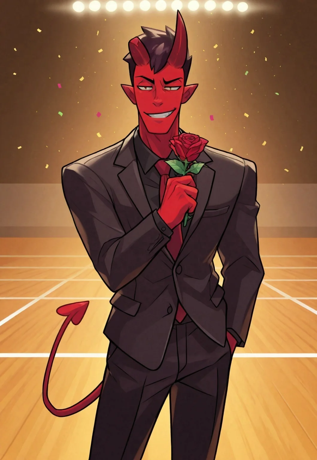 , safe_pos, solo, masterpiece, detailed, uwa, huge filesize, ultra hd, best quality, male focus, (absurdres, highres),
1boy, Damien_Lavey, red skin, demon horns, demon tail, black suit, black button up, tucked in red tie, holding rose towards viewer, school gymnasium, dim lighting, prom, confetti, smug grin, black pupils