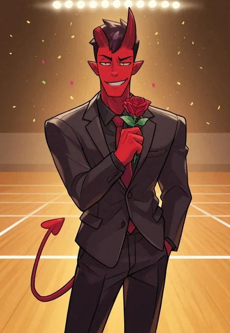 , safe_pos, solo, masterpiece, detailed, uwa, huge filesize, ultra hd, best quality, male focus, (absurdres, highres),
1boy, Damien_Lavey, red skin, demon horns, demon tail, black suit, black button up, tucked in red tie, holding rose towards viewer, school gymnasium, dim lighting, prom, confetti, smug grin, black pupils