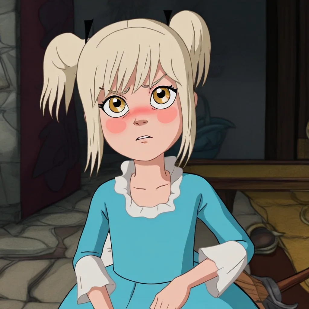 margo, 1girl, yellow eyes, blonde hair, short hair, blue dress, white collar, twintails, long sleeves, blunt bangs, blush, blush patches,
