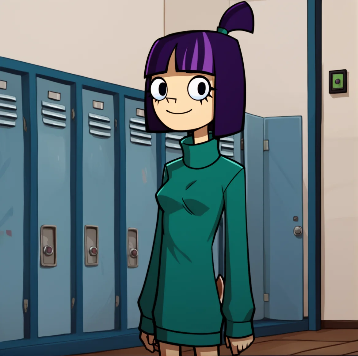 score_9, score_8_up, score_7_up, score_6_up, score_5_up, score_4_up, BREAK, <lora:Theresa_Fowler:0.8>, 1girl, theresa fowler , solo, smile, bangs, long sleeves, closed mouth, multicolored hair, indoors, sweater, turtleneck, bob cut, turtleneck sweater, door, locker, green sweater, deer, purple hair, top knot, blunt bangs, short hair