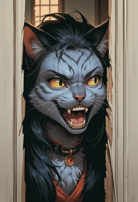 score_9, score_8_up,score_7_up, source_anime, 1other, animal, solo, hrsjhy, open mouth, clenched teeth, evil grin, broken door, door, looking to the side, portrait, no humans,
cat, cat ears, big hair, fur
<lora:hrsjhy_pdxl_EliPot:1>