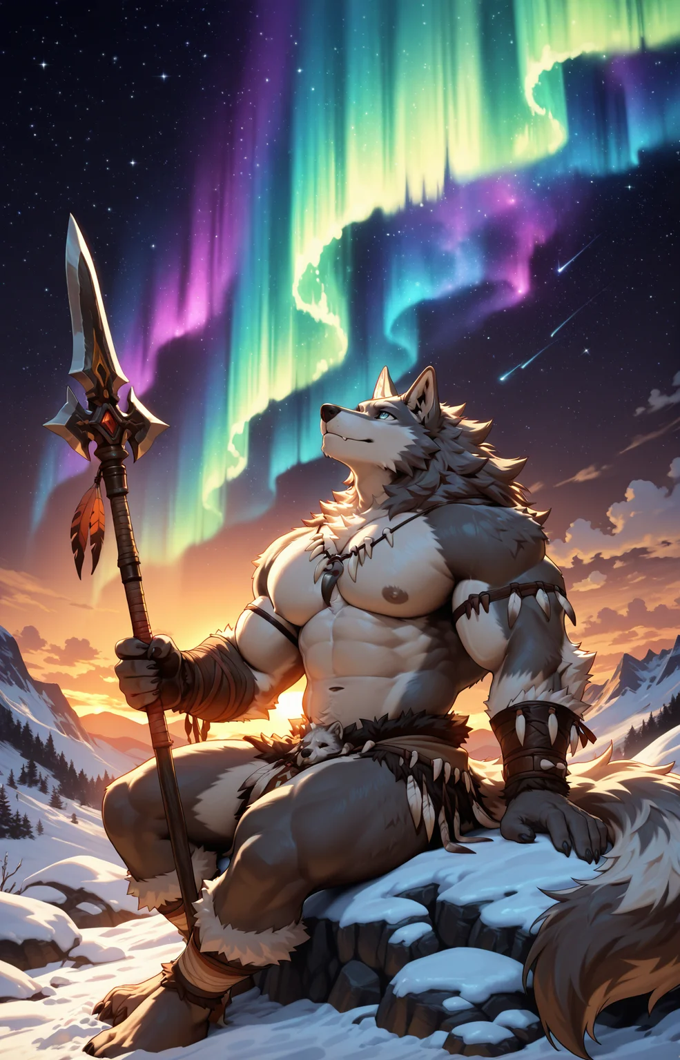 masterpiece,best quality,perfect quality,absurdres,newest,very aesthetic,male focus,furry,bara,muscular,broad shoulders,big pecs,perfect anatomy,tail,furry,fluffy fur,fur texture,
starry night background,nebula,aurora,outdoors,dark background,Sitting person looks up,gray wolf,long straight 1 tribe spear,tribal style clothes,clear river,ice cave,sunset,tribal arm rings,5finger,claws,