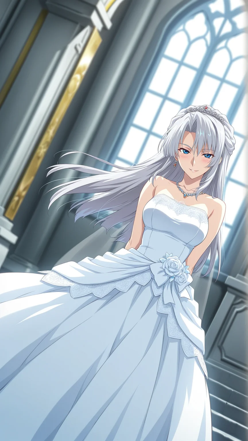 source_anime, general, best quality, masterpiece, 1girl, <lora:Calvina_ill:1> calvina\(srw\),silver hair,long hair,blue eyes, jewelry, necklace, wedding dress,chapel,dynamic pose, dutch angle, seductive smile, (embarrassed:0.8),