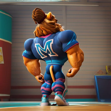 ((score_8, score_7_up)), (solo:1.4), Coach Leo, blue tracksuit, hairbun, lion, 1boy, 3D, smug, smirk, sweating, sweaty body from behind, bodybuilder, veins, veiny muscles, huge muscles, hyper, hyper muscles, abs, extreme muscles, growing muscles, muscular pecs, large pectorals, hyper pectorals, gigantic traps, head swallowed by traps, traps over head, ((broad shoulders)), muscular arms, thick arms, veiny arms, hyper biceps, muscular thighs, veiny thighs, thick quads, big back muscles, ((full body, masterpiece, highly detailed, best quality, flexing, demonstration, from behind)) from behind