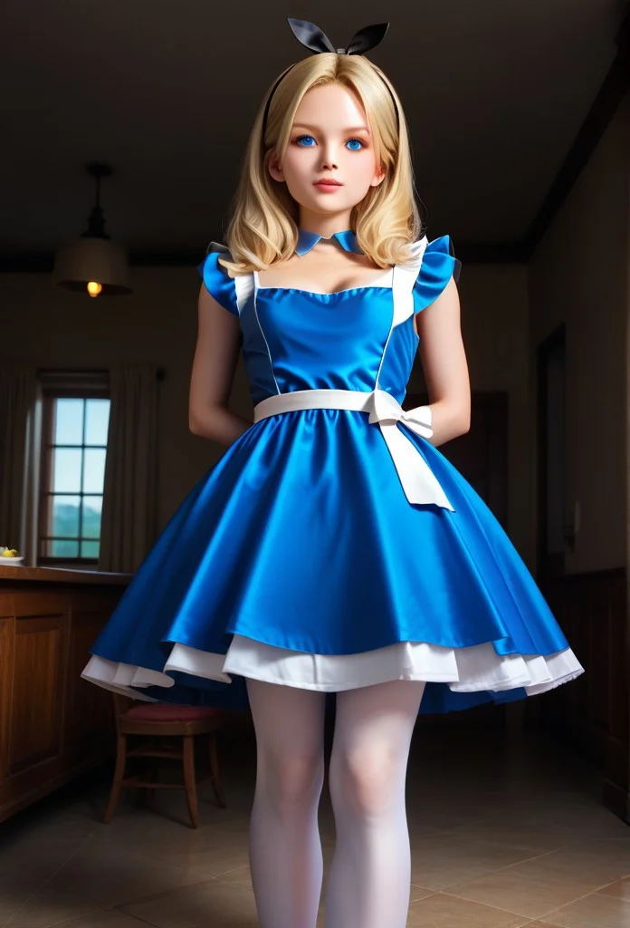 1girl, solo, facing viewer, shiny skin, shiny, mesugaki, grabbing breasts, , , (AliceWaifu, blue eyes, blue dress, white pantyhose, apron, black hairband, blonde:1.3), zPDXL3,SimplePositiveXLv2, masterpiece, detailed face, action shot, perfect eyes, detailed eyes, realistic eyes, solo, high resolution, ultra-detailed, 4K, perfection, chest exposed, highest quality, dynamic pose, perfect anatomy, lean, masterpiece, best quality, high res, illustration, extremely detailed, 8k, wallpaper