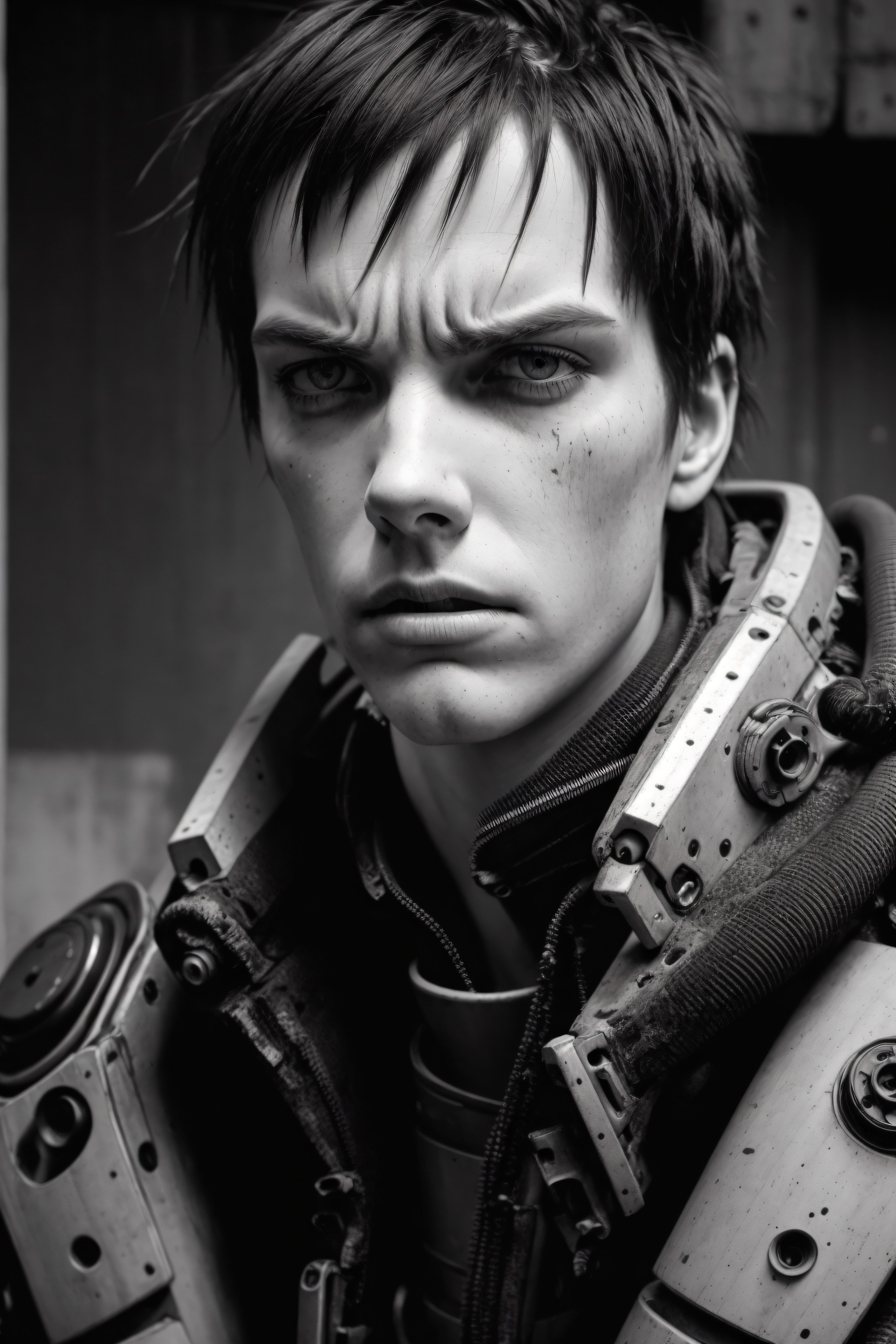 muted colors,RAW photo,realistic,detailed,8k uhd, dslr,sharp,volumetrics dtx,soft lighting,futuristic, cyber suit,killy, man, strong, manly,((pale skin)), scars, messy hair, short hair,bangs, looking at viewer,((facing viewer)), close-up,(angry, expressionless:1.2),menacing,closed mouth,portrait, tubes, concrete, mega structures,decrepit scenery, <lora:blamev2:0.7>