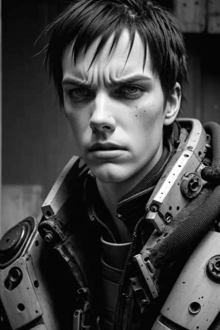 muted colors,RAW photo,realistic,detailed,8k uhd, dslr,sharp,volumetrics dtx,soft lighting,futuristic, cyber suit,killy, man, strong, manly,((pale skin)), scars, messy hair, short hair,bangs, looking at viewer,((facing viewer)), close-up,(angry, expressionless:1.2),menacing,closed mouth,portrait, tubes, concrete, mega structures,decrepit scenery, <lora:blamev2:0.7>