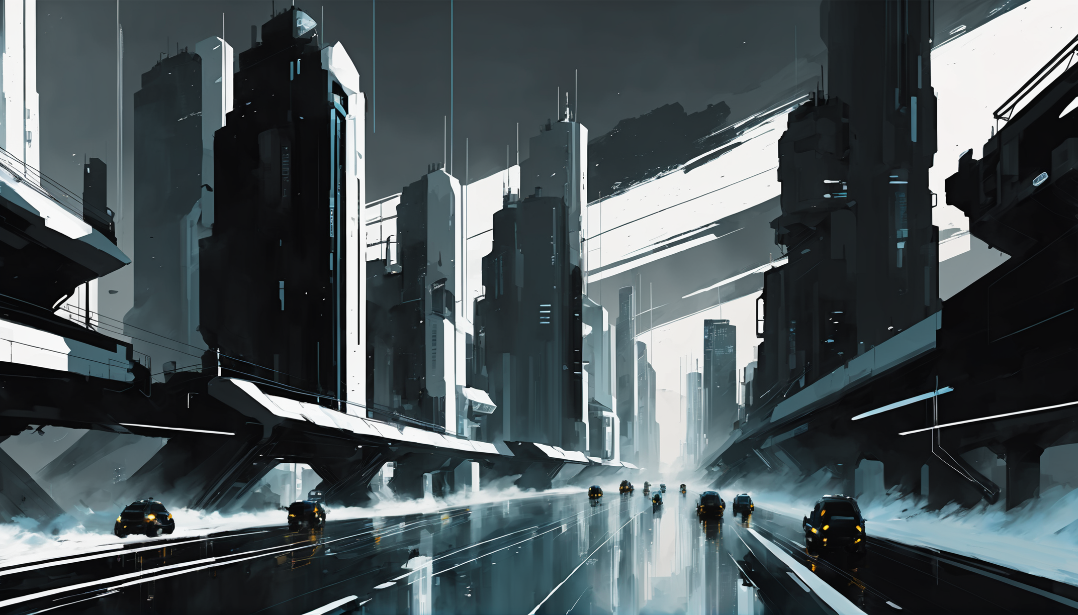 sci-fi digital acrylic painting of a city, photoshop thick acrylic brushes, white and black color scheme<lora:EnvySpeedPaintXL01v11:1>