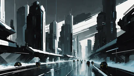 sci-fi digital acrylic painting of a city, photoshop thick acrylic brushes, white and black color scheme<lora:EnvySpeedPaintXL01v11:1>