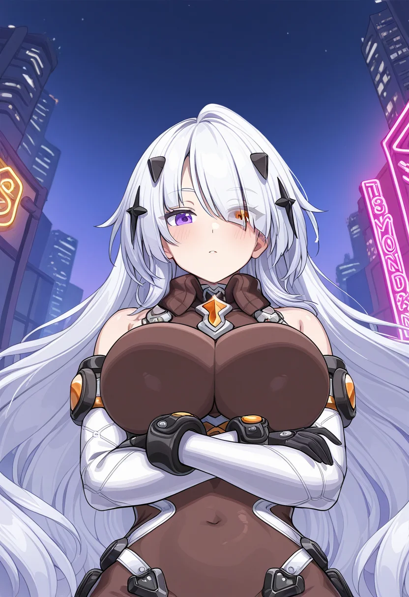 1girl, solo, looking at viewer, dila ananta, heterochromia, orange eyes, purple eyes, white hair, hair over one eye, bodysuit, detached sleeves, diamond hair ornament, black gloves, high collar, choker,
arms under breasts,
from below, fisheye, city at night, neon lights, cybernetic arm, determined expression, solo, looking down at viewer.
masterpiece, absurdes, <lora:Character_Dila Ananta:0.8>