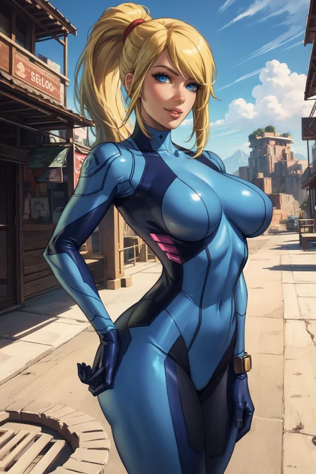 1girl, (solo:1.2), (posing sexually:1.3), (cowboy shot:1.5), smile, happy, closed mouth, luscious lips, (masterpiece:1.3), (best quality:1.3), (perfect anatomy:1.4), highly detailed, <lora:Logan Cure [MockAi - v1.0]:0.8> logancure, realistic, (film grain:1.2), soft shading, western artstyle, (detailed background scenery:1.4), (inside:1.3), <lora:Samus Aran [novowels - v1.0]:0.8> samus aran, ponytail, hair tie, (blonde hair:1.2), blue eyes, large breasts, blue gloves, blue bodysuit, high heels