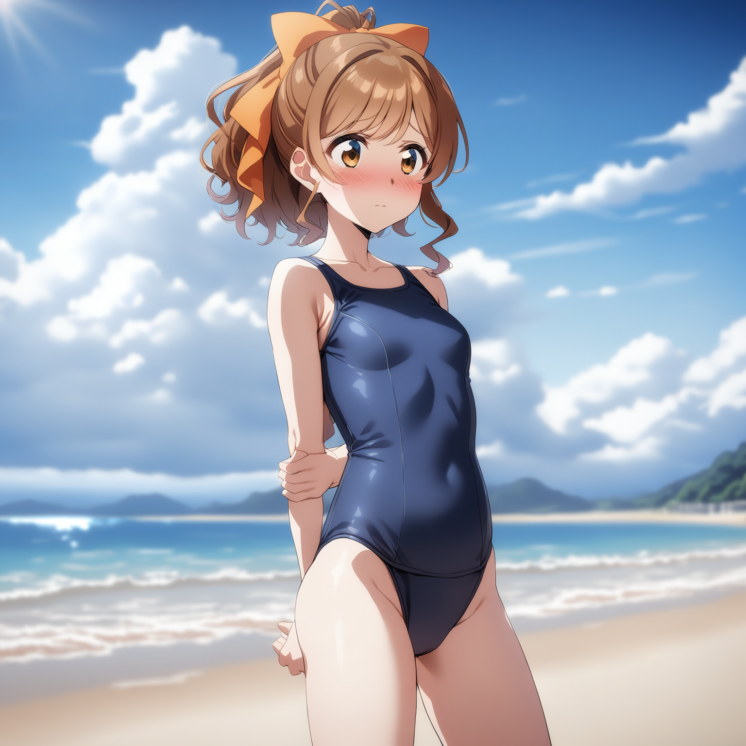 [high quality, best quality], [cinematic], 1girl, solo, miyama suzune, blue one-piece school swimsuit, hair bow, arms behind back, looking away, shy, blush, beach, summer, sky, cloud, [bloom, hdr], <lora:suzurena:0.64>