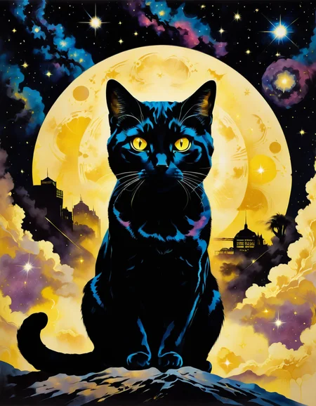 a black female cat with light yellow eyes <lora:SDXLStencilStyleFAE:0.8> stencil style, movie poster, beautiful colors, nebula, high quality
