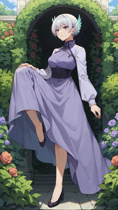 score_9,score_8_up,score_7_up,score_6_up, source_anime, zPDXL, <lora:xl_more_art-full_v1:0.5>, woman, dynamic pose, leg up, <lora:Lily Front Gritonia - Pony-000004:0.8>, short hair, white hair, purple eyes, head wings, purple dress, long sleeves, long dress, light purple sleeves, garden, flowers, bushes,