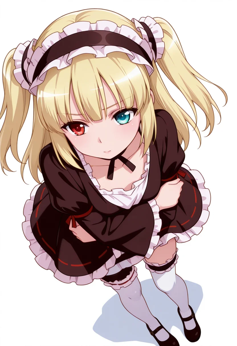 Smooth Quality,masterpiece,very intricate, high quality details, ultra realistic, high detailed skin,detailed enviorement,absurdres,
hand on own elbow,
<lora:Kobato_Hasegawa_CNR:0.8> kobato_cnr, hasegawa kobato, 1girl, blonde hair, two side up, heterochromia, red eyes, blue eyes,
dress, hairband,choker,white thighhighs, pantyhose,mary janes, shoes, bridal garter, long sleeves, wide sleeves,, simple background, white background, dynamic angle,solo,, uwu,