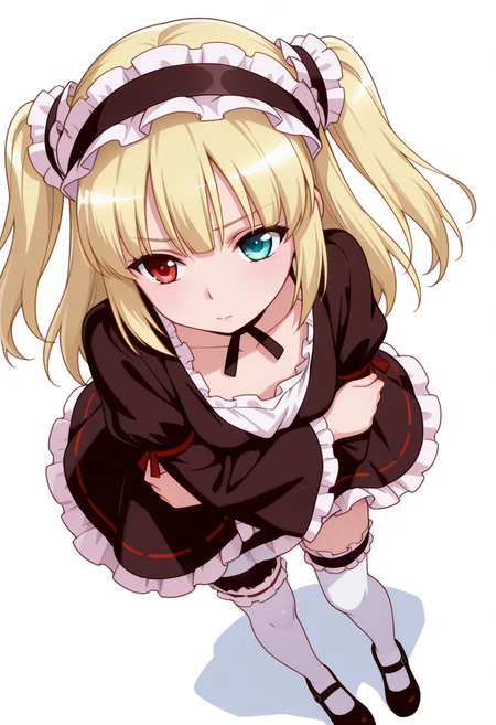 Smooth Quality,masterpiece,very intricate, high quality details, ultra realistic, high detailed skin,detailed enviorement,absurdres,
hand on own elbow,
 <lora:Kobato_Hasegawa_CNR:0.8> kobato_cnr, hasegawa kobato, 1girl, blonde hair, two side up, heterochromia, red eyes, blue eyes,
dress, hairband,choker,white thighhighs, pantyhose,mary janes, shoes, bridal garter, long sleeves, wide sleeves,, simple background, white background, dynamic angle,solo,, uwu,