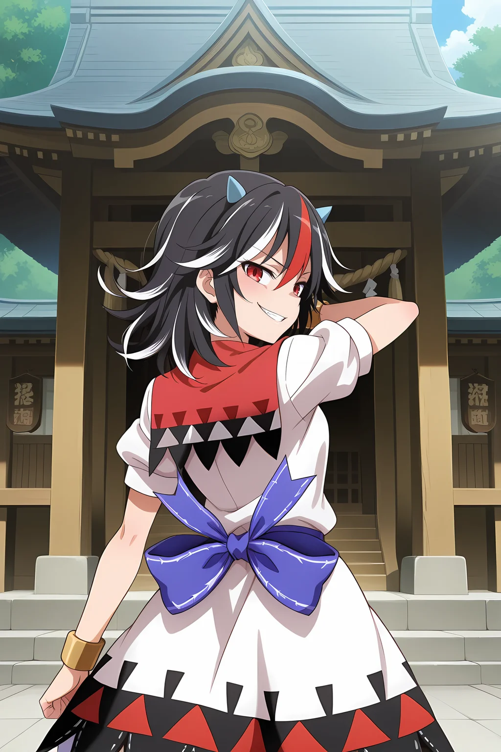 absurdres, highres, masterpiece, best quality, amazing quality, official anime artwork, screencap, anime screencap, outdoors, evil smile, looking at viewer, dynamic pose, from behind, from the back, outstretched arm, shrine,
<lora:Seija-Kijin_Illustrious:1> kijin seija, 1girl, solo, red eyes, black hair, multicolored hair, streaked hair, horns,, white dress, short sleeves, blue bow, bracelet, arrow print,