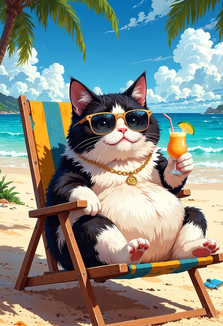 A chubby black and white cat wearing oversized sunglasses and a gold chain necklace, sitting on a lawn chair at a tropical beach. The cat holds a tiny pina colada in one paw. Palm trees sway in the background, and the ocean reflects the bright blue sky. The cat's expression is smug and relaxed.
