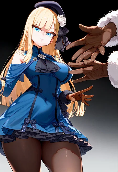 (masterpiece:1.2, best quality), (finely detailed eyes: 1.2) (ultra-detailed, hires), (detailed face, detailed eyes), (best illumination), detailed glow, high contrast, looking at viewer, solo, 1girl, solo, (large breasts, thin waist, wide hips, thick thighs), peaceful, closed mouth, adult, reines el-melloi archisorte, blonde hair, blue eyes, long hair, bangs, blunt bangs, beret, black headwear, black ribbon, blue dress, brown gloves, dress, flower, fur collar, fur trim, fur-trimmed sleeves, gloves, hair flower, hair ornament, hair ribbon, hat, long sleeves, ribbon, rose, tilted headwear, white flower, white rose, black pantyhose, random pose, no background, dark background, (masterpiece, best quality, very aesthetic, absurdres), (ultra detailed perfect piece:1.2), illustration, masterpiece, (extremely detailed CG 8k), (very fine 8K CG), <lora:add-detail-xl:-1>