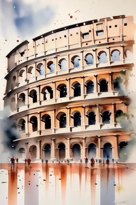 <lora:Thomas Schaller Style:1>Thomas Schaller Style - landscape of the roman colosseum in rome, painted as watercolor with controlled wet technique