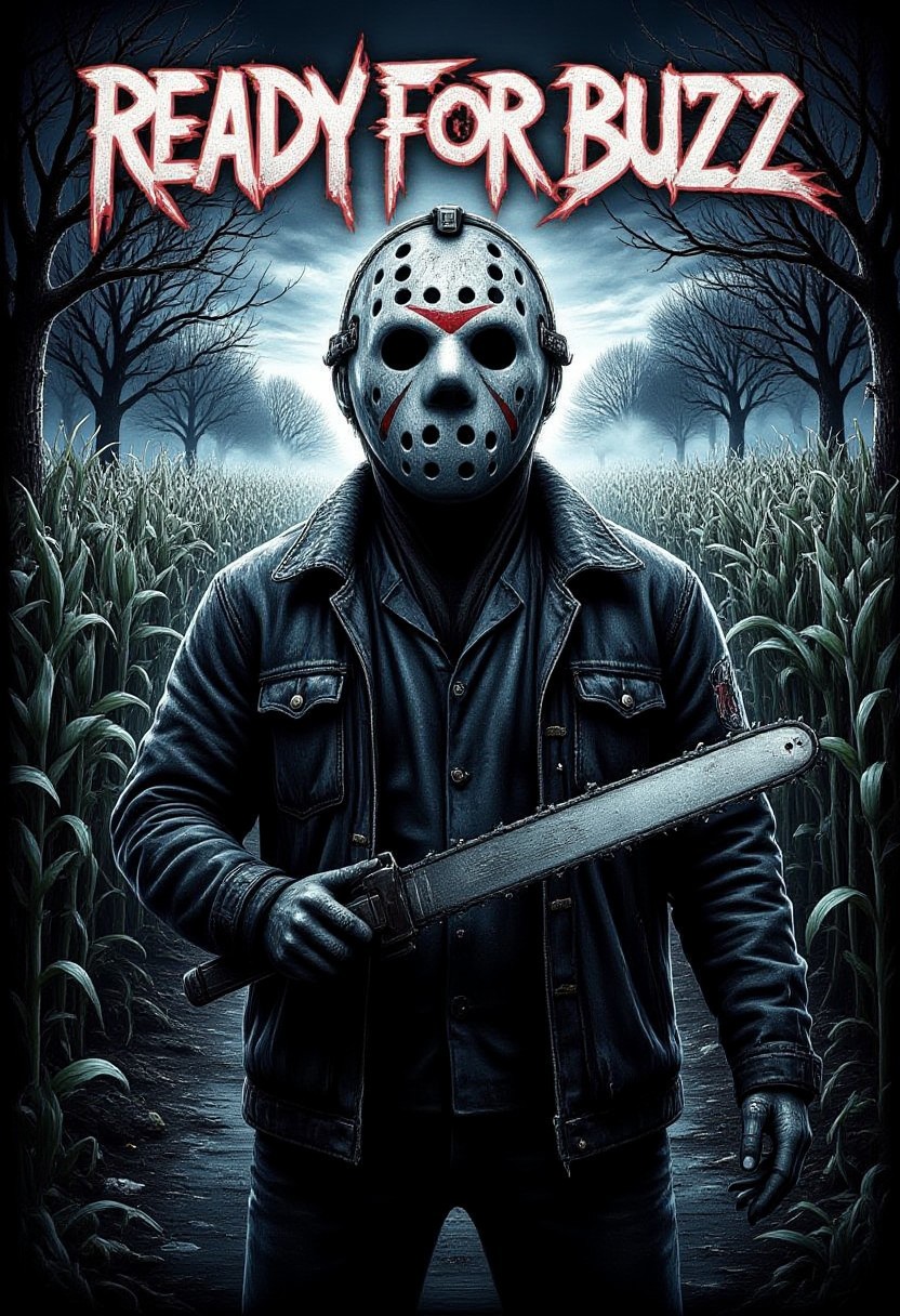 m3t4ll0g0 Text : "READY FOR BUZZ" . Jason character [Friday the 13th] wielding chainsaw, Jason in foreground, solo, moody lighting, horror movie lighting, cornfield in background, spooky trees, spooky fog in background, view from ground up, Jason facing viewer, aidmaHalloweenBoost,