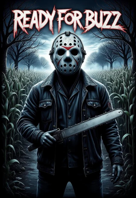m3t4ll0g0 Text : "READY FOR BUZZ" . Jason character [Friday the 13th] wielding chainsaw, Jason in foreground, solo, moody lighting, horror movie lighting, cornfield in background, spooky trees, spooky fog in background, view from ground up, Jason facing viewer, aidmaHalloweenBoost,
