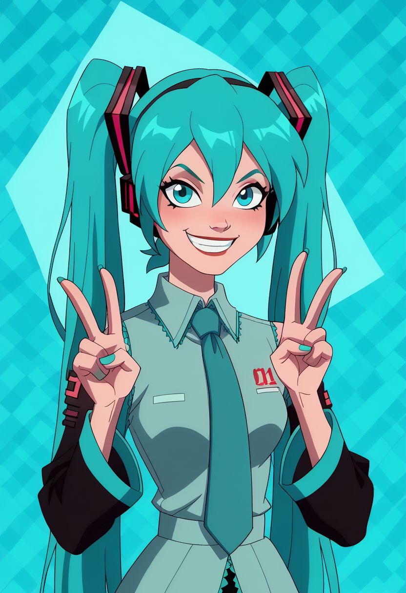 score_8, score_7, score_6, score_5,(masterpiece, best quality, amazing quality, abstract art background), ,cowboy shot, wyatt, hatsune miku, 1 girl,  character focus, upper body visible, zoomed in medium shot, peace sign, smiling,