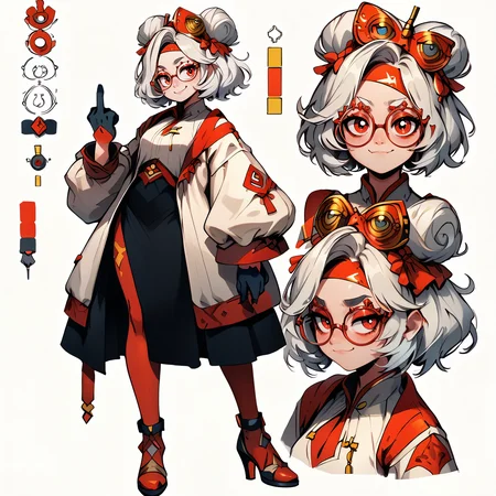 score_9, score_7_up BREAK CharacterDesignXL , CharacterSheet, reference sheet, from side,from back,front, simple white background,solo,purah,hair ornament, red headband, red glasses, sleeveless shirt, white coat, black skirt, red leggings, gloves,high heels,smug,middle finger,closed mouth <lora:purah-pdxl-nvwls-v1:0.9> <lora:XLPCharacterDesign_Concept:0.8>