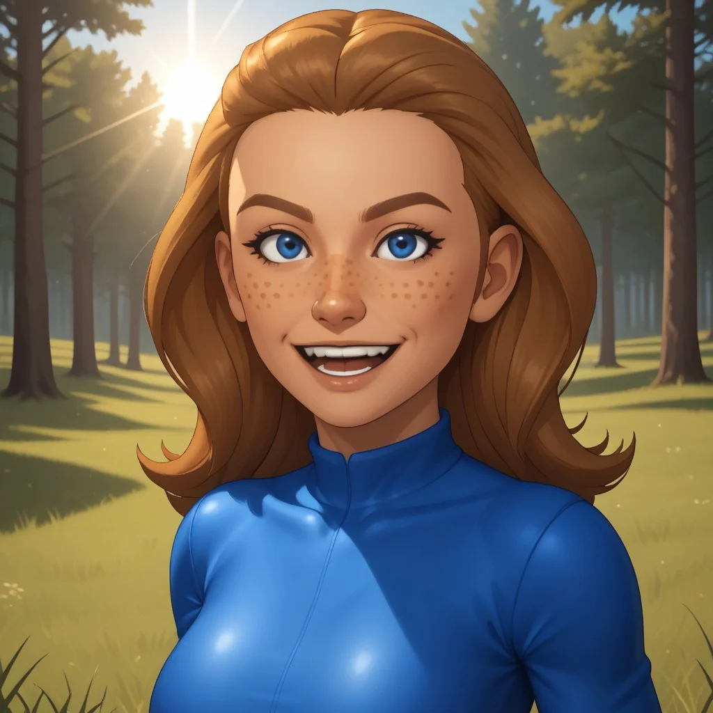 score_9, score_8, BREAK, solo, mii, wii, dark blonde hair, blue eyes, freckles, open mouth, teeth, half-tree shaped nose, royal blue clothing, 1girl, black leggings, breasts, abby_(\wii_sports\), wii sports, female mii, 1girl, cute, shoes, Nintendo Mii, modern_mii, classic_mii, sexy pose, smile, outdoors, sunlight, shadows, evening lighting, natural lighting, forest, trees, grass, orange sky, sunset