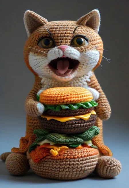 cat excited by a huge cheese burger, by saint exupery, crocheted style