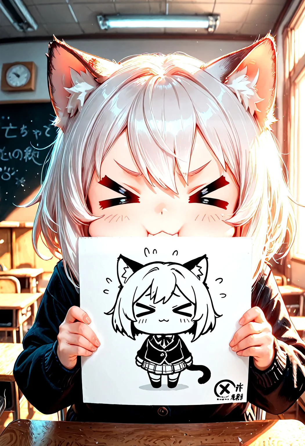 Smooth Quality, 1girl, solo, cat girl, classroom, >_<, holding drawing of chibi cat girl with >_< expression, classroom, <lora:Smooth_Lighting_Enhancer:0.5> <lora:Smooth_Booster_v2:1>