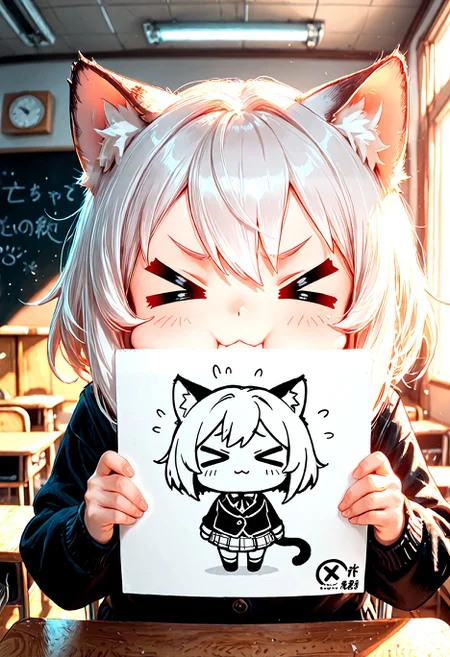 Smooth Quality, 1girl, solo, cat girl, classroom, >_<, holding drawing of chibi cat girl with >_< expression, classroom, <lora:Smooth_Lighting_Enhancer:0.5>āāā <lora:Smooth_Booster_v2:1>āā