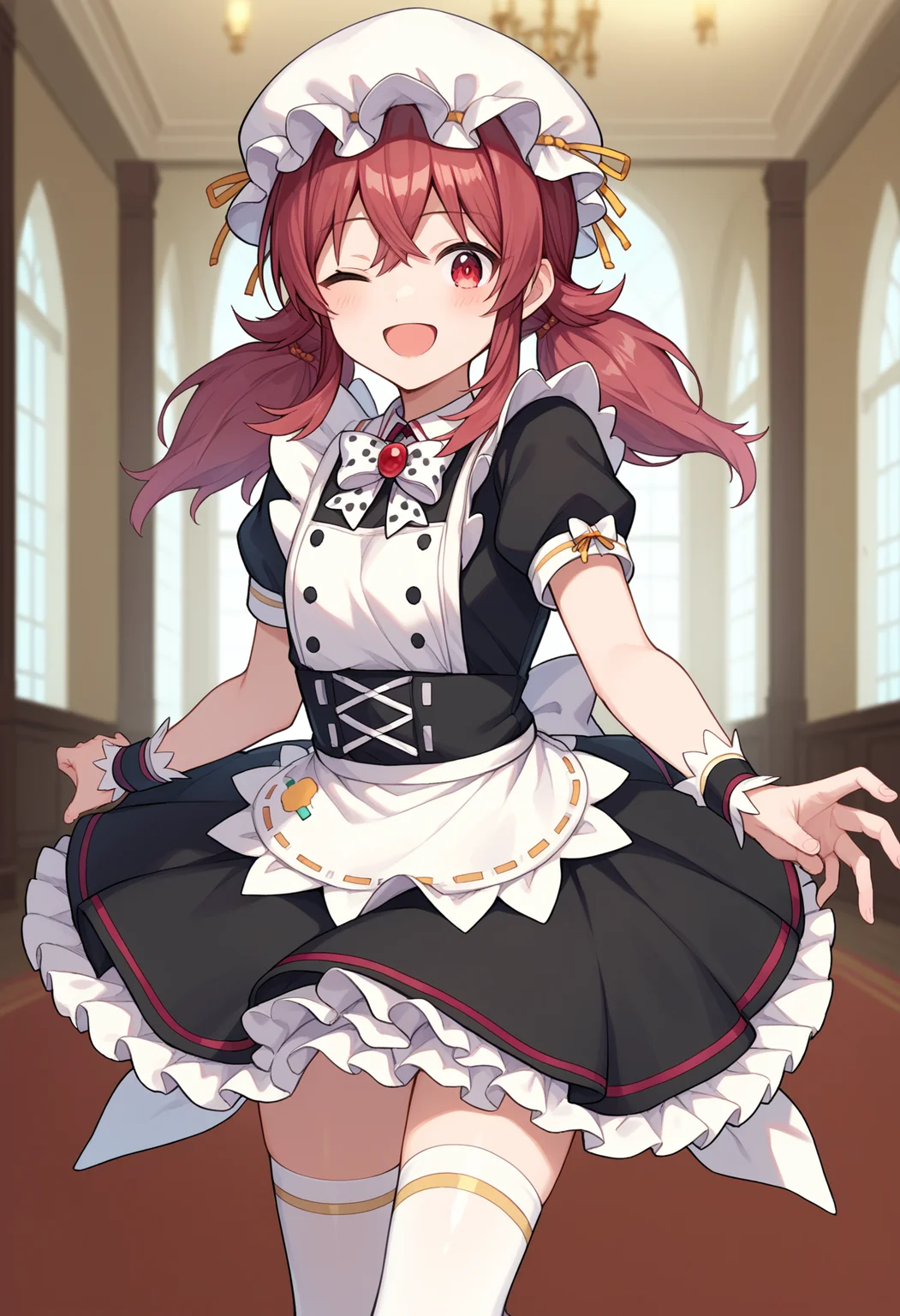 score_9, score_8_up, score_7_up, source_anime,
BREAK
1girl, solo,
<lora:shiKomiyaKahoV1:1.0>,
shikomiyamaid, long hair, red hair, red eyes, hair between eyes, white bow, low twintails,
maid headdress, maid, maid apron, frilled apron,
frilled dress, black dress, puffy short sleeves, wrist cuffs, mob cap, white headwear,
white thighhighs,
looking at viewer, smile, one eye closed, open mouth,