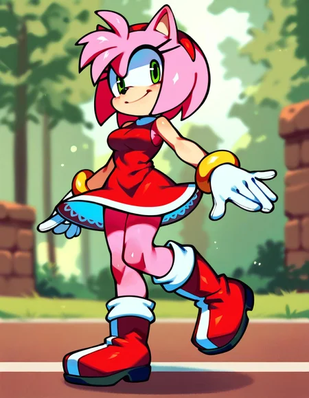 score_9, score_8_up, score_7_up, 1girl, solo, outdoors, amy_rose, red dress, short dress, red boots, jewelry, gloves, smiling, blurred background, detailed background <lora:sonicmegacollection:0.8>