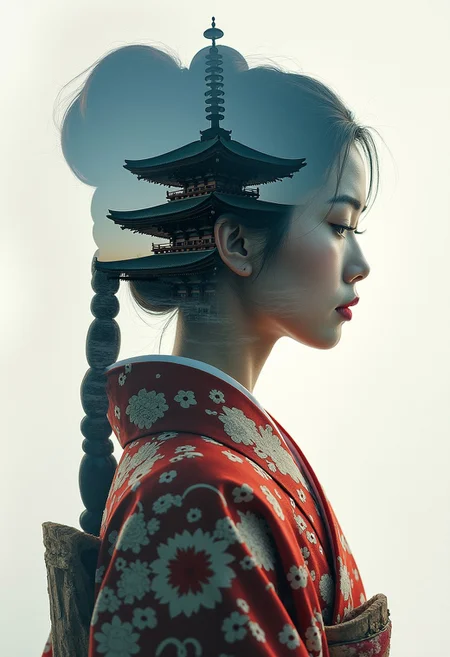 masterpiece, double exposure, image of a Japanese shrine maiden, filled with a shinto temple, highest definition, HD32K, wallpaper