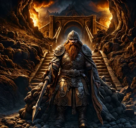 RAW photo, (masterpiece:1.3), subsurface scattering, heavy shadow, (high quality:1.4), (intricate, high detail:1.2), professional photography, HDR, High Dynamic Range, realistic, ultra realistic, photorealistic, high resolution, film photography, ambient lighting, atmospheric effects, <lora:detail_slider_v4:2>, OverallDetail, a dwarven warrior in intricate armor, on a stone (bridge) in underground cave, lava, fire, dwarven mine, Moria, <lora:Bridge:0.86>, dwarfwarrior, <lora:DwarfWarrior:0.5>, looking at viewer, epiCPhoto
