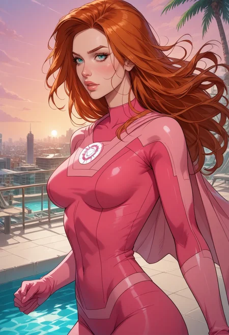 score_9, score_8_up, score_7_up,
BREAK,
1girl, solo, 1girl, ginger long hair, superhero suit , flying, from back, teardrop breasts, background swimming pool on top of a building, city, pink sunset, palm trees, large grand theft auto 6 symbol in the bottom, read description , Expressiveh , g0thicPXL, glowing, neon