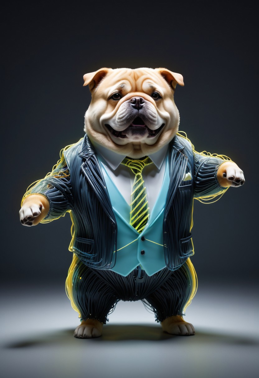 photo of a cute chubby dog standing wearing a business suit made of tiny neon glass filaments, make CivChan happy