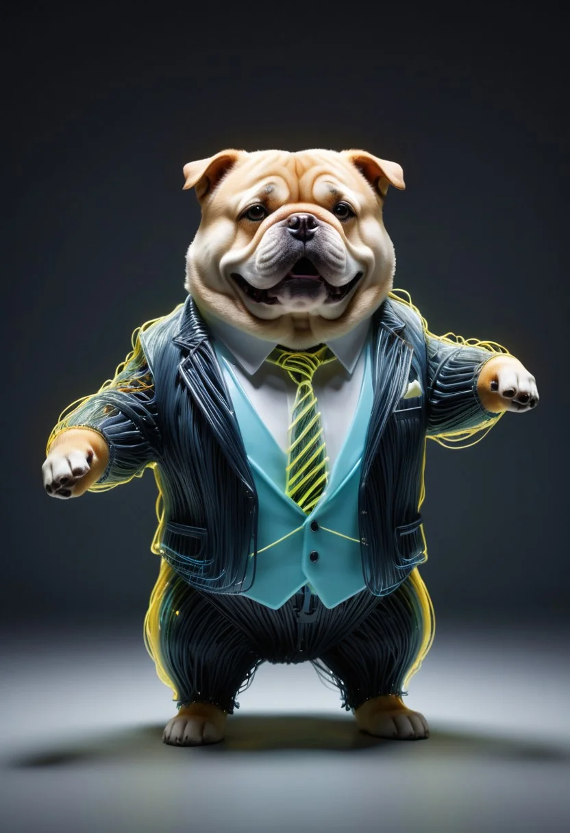 photo of a cute chubby dog standing wearing a business suit made of tiny neon glass filaments, make CivChan happy