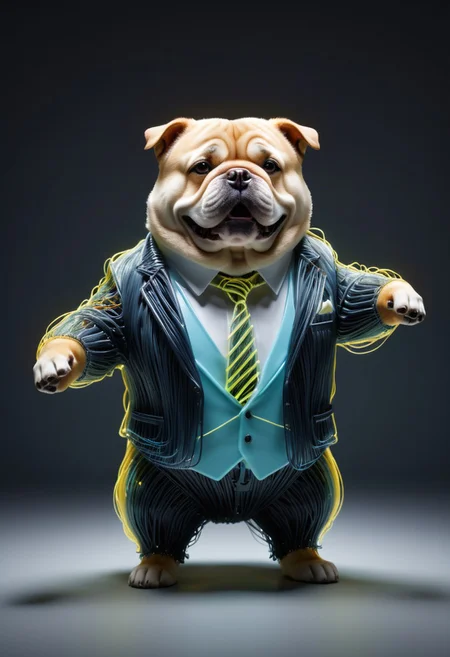 photo of a cute chubby dog standing wearing a business suit made of tiny neon glass filaments, make CivChan happy