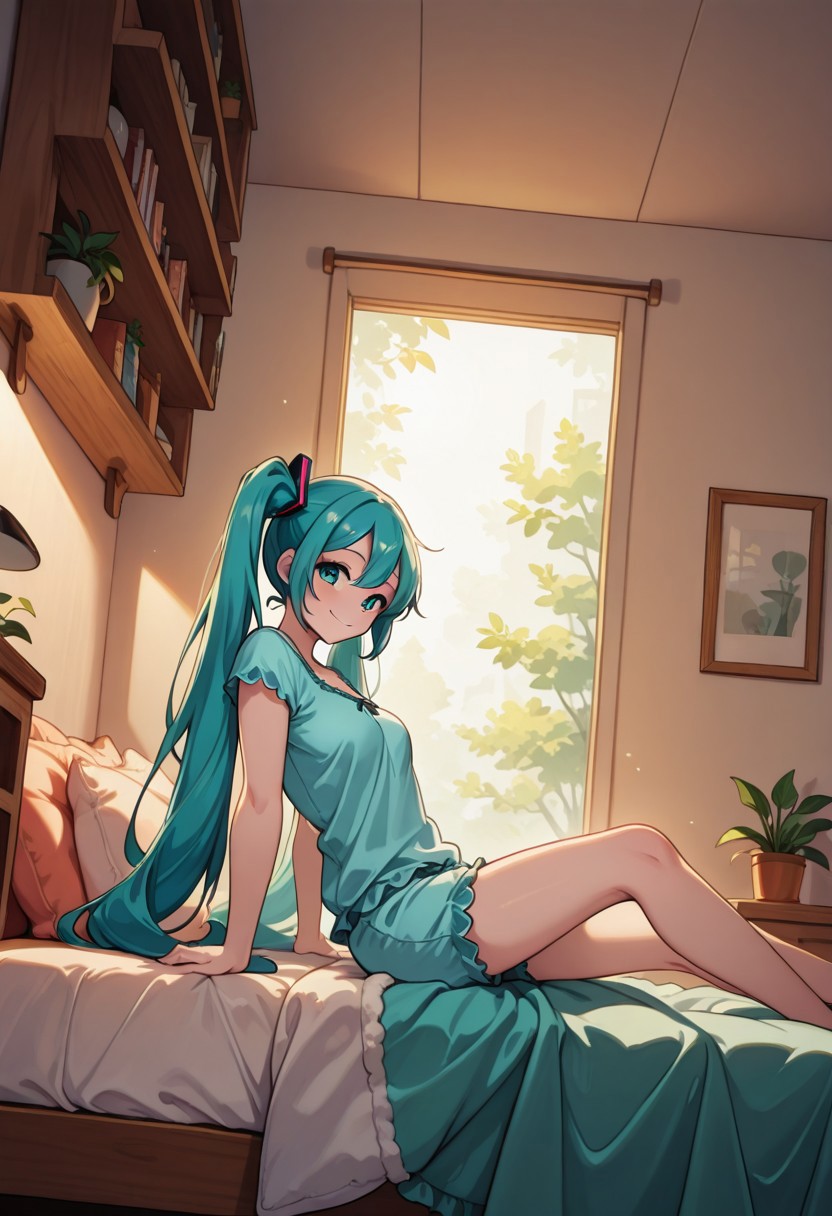 1girl, hatsune miku, loungewear,
sitting at the edge of bed, smile, looking at viewer,
cozybedroom, modern cozy bedroom, Bookshelves, desk, plant, bed, bright, morning,
dutch angle, side view, detailed background, great lighting, masterpiece, best quality, amazing quality