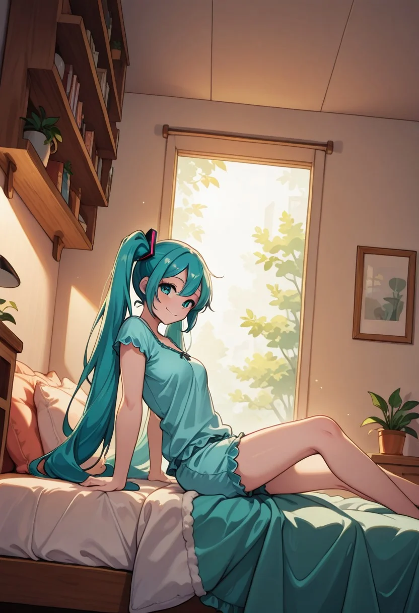 1girl, hatsune miku, loungewear,
sitting at the edge of bed, smile, looking at viewer,
cozybedroom, modern cozy bedroom, Bookshelves, desk, plant, bed, bright, morning,
dutch angle, side view, detailed background, great lighting, masterpiece, best quality, amazing quality