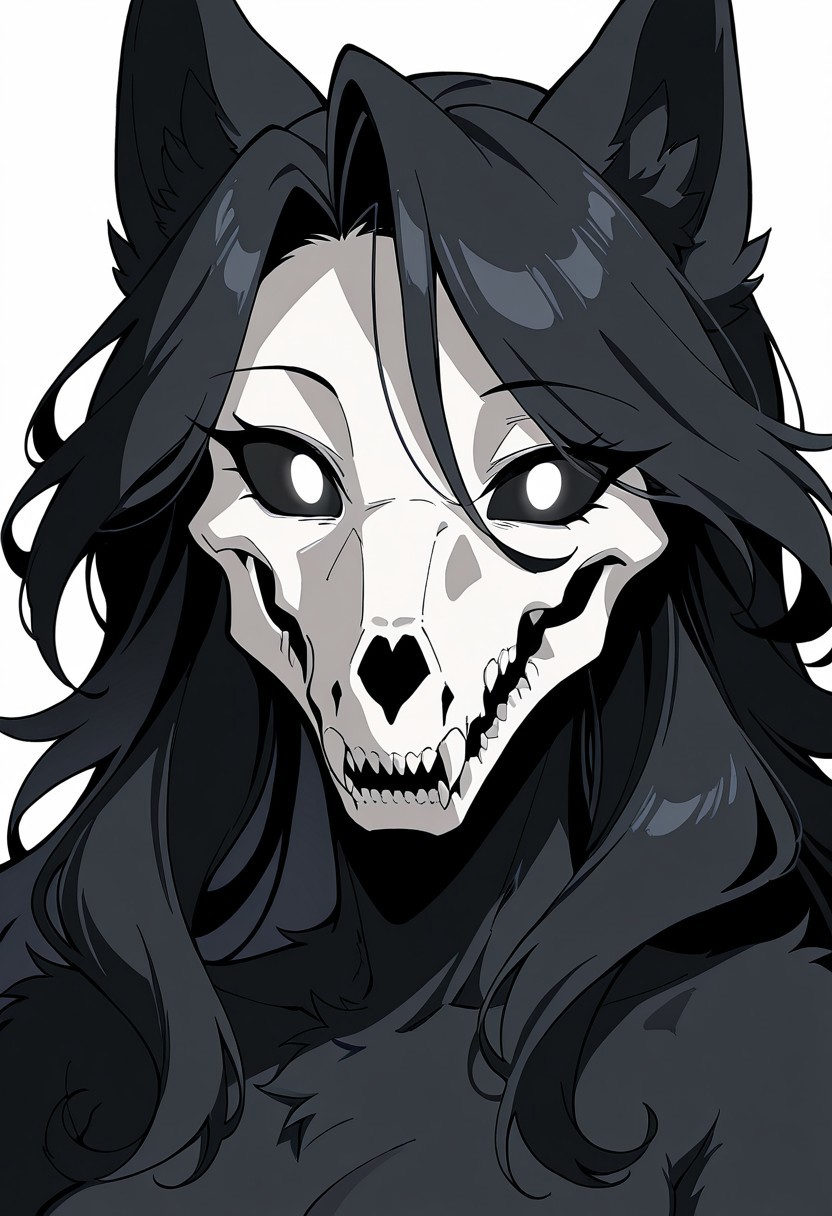 Score_9, score_8_up, score_7_up,  1girl, mal0, skull head, black_sclera,  white pupils, furry female, monster girl, black hair, long hair, wolf ears, black fur, portrait, looking at viewer