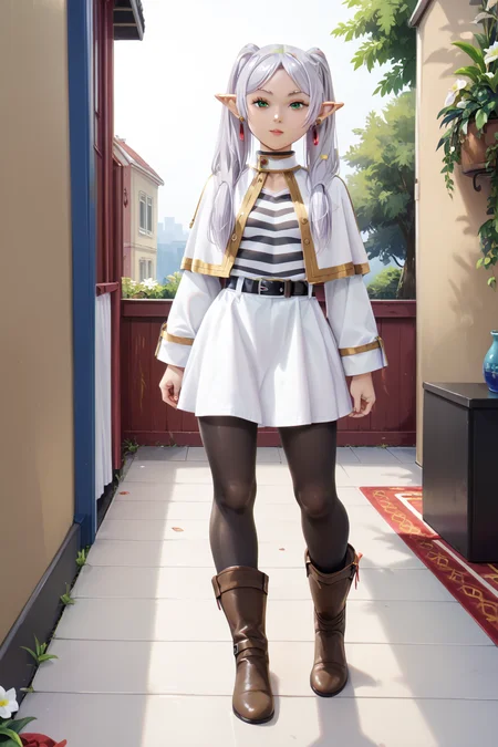 Toraisi666P<lora:Toraisi666P:1> <lora:SousouNoFrieren_FrierenXL:0.9> FrierenSSnF,grey hair, long hair, green eyes, twintails, parted bangs, earrings, pointy ears, small breasts,FrierenCasual, striped shirt, white capelet, black belt, white skirt, long sleeves, black pantyhose,brown boots, Score_9, Score_8_up, Score_7_up, Score_6_up, Score_5_up, Score_4_up, BREAK,1girl in full growth, best quality, masterpiece, ultra-detailed, high quality,good quality,1 girl,(master piece,high resolution, ultra detailed,8K,16K),look at viewer