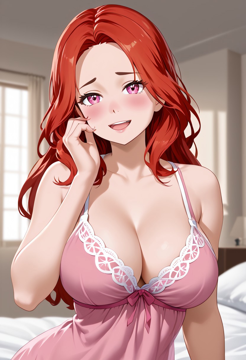 score_4,score_5,score_6,score_7_up,score_8_up,score_9 ((masterpiece,best quality,ultra detailed,highres,HD,4k:1.2)), 
upper body,indoor,
1girl,solo,gir focu,solo focus,face focus,
large breast,huge breast,red hair,very long hair,forehead,pink eyes,
nightgown,dress,cleavage,barefoot,
smile,open mouth,hand on own face,
looking at viewer,shy,blush,smile,